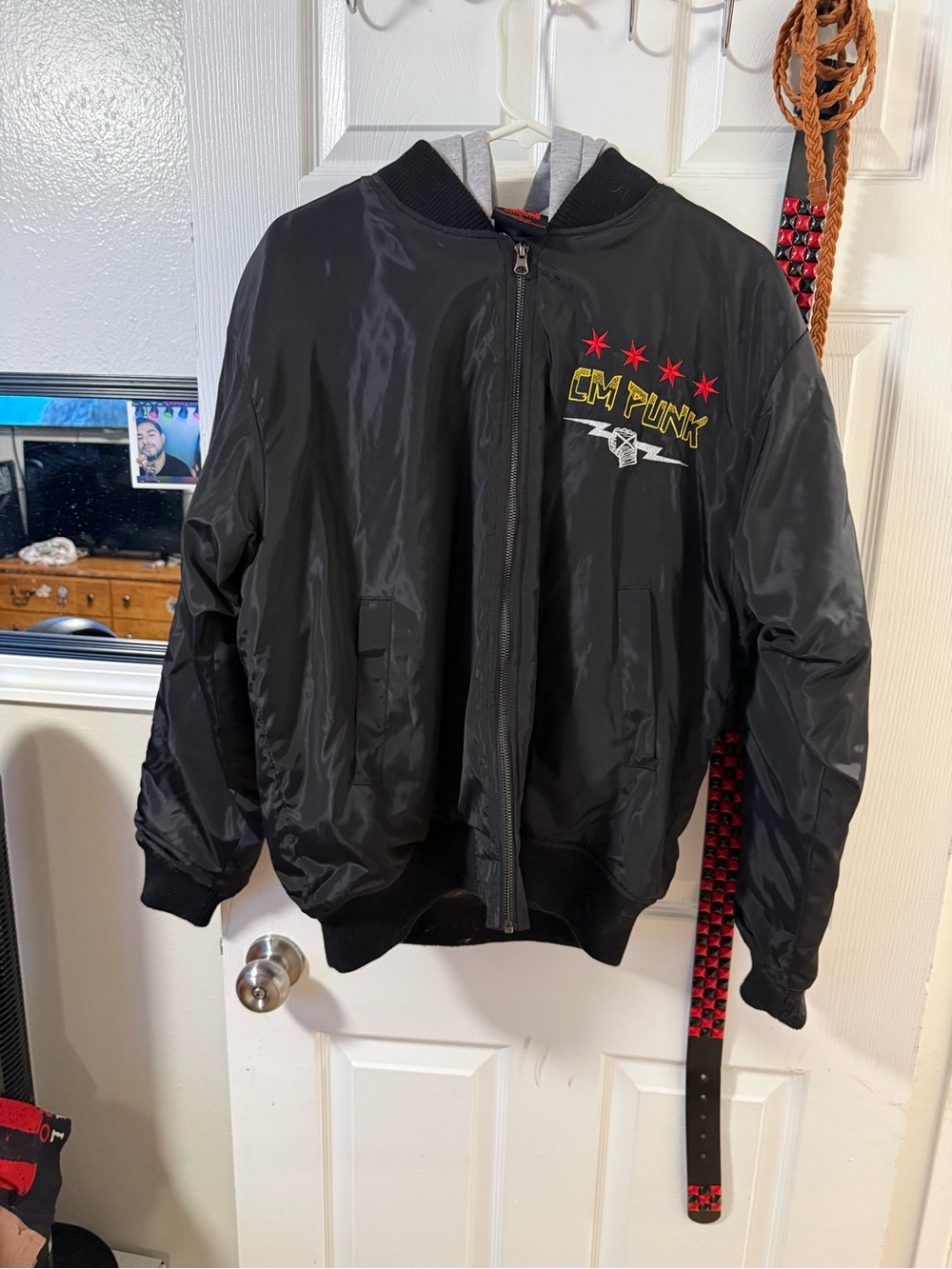 WWE CM Punk Black Bomber Jacket with Red Accents